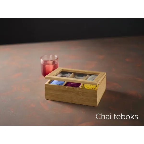 Chai teboks i bambus med gjennomsiktig lokk og seks rom
