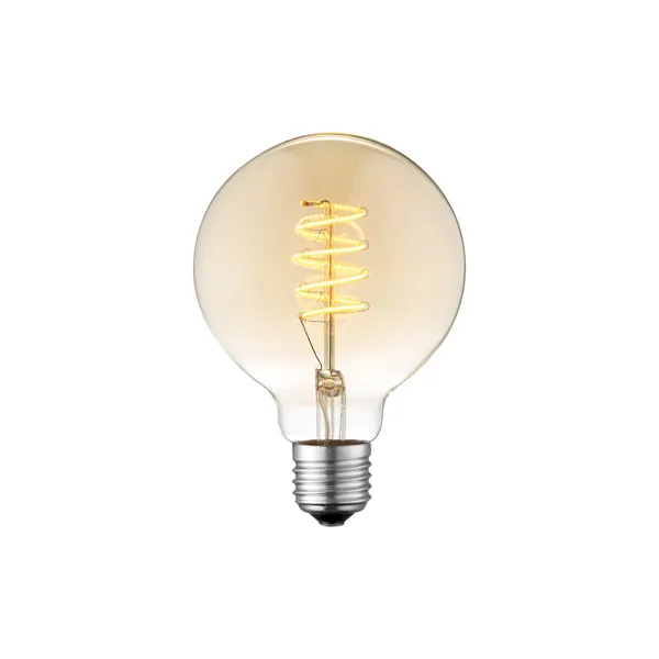 Globe G95 LED-dekorpære med ravfarget glass og spiralglødetråd