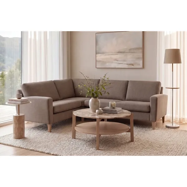 Noor Lux hjørnesofa i brungrått tekstil med eikeben